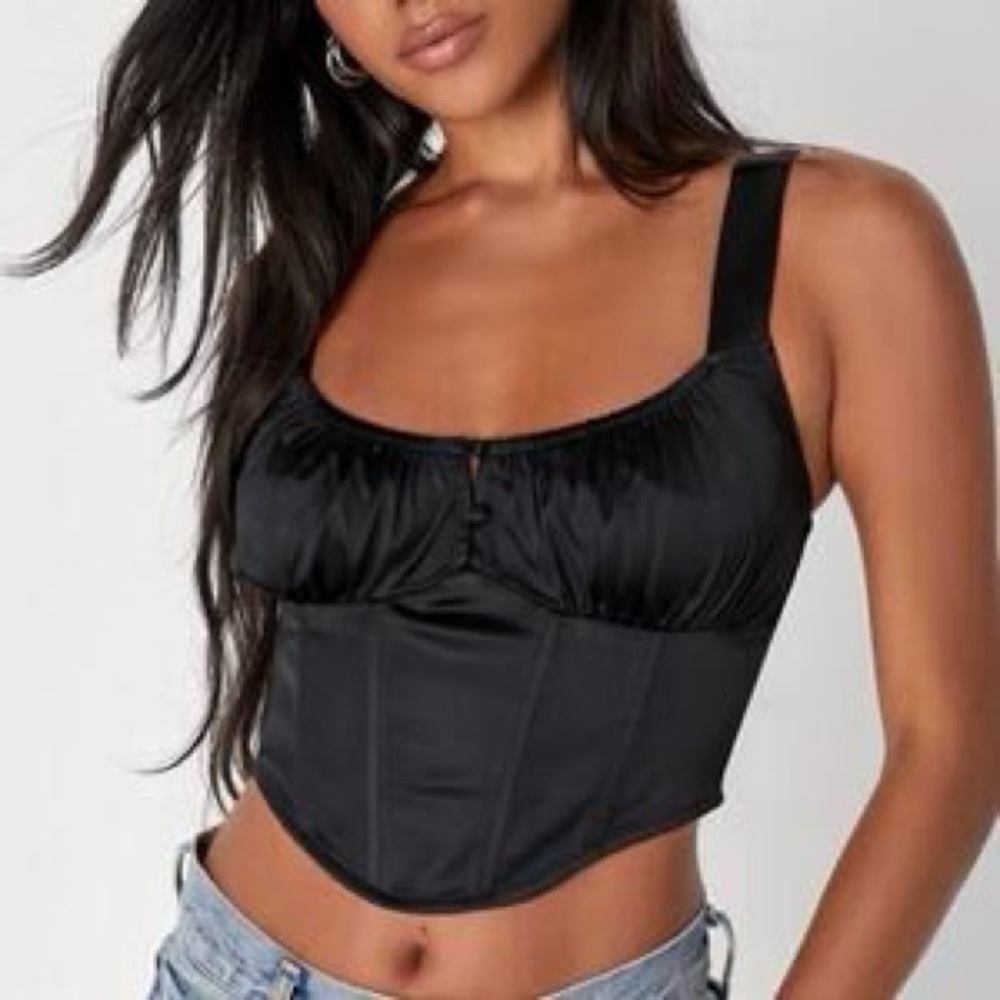 Zara Satin Bustier Small Sweetheart Neckline Black Wide Straps Zip Back